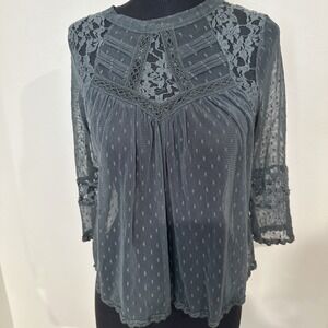Free‎ People Lace Polka Crop Top Cottagecore Size S 3/4 Sleeve Vintage-inspired